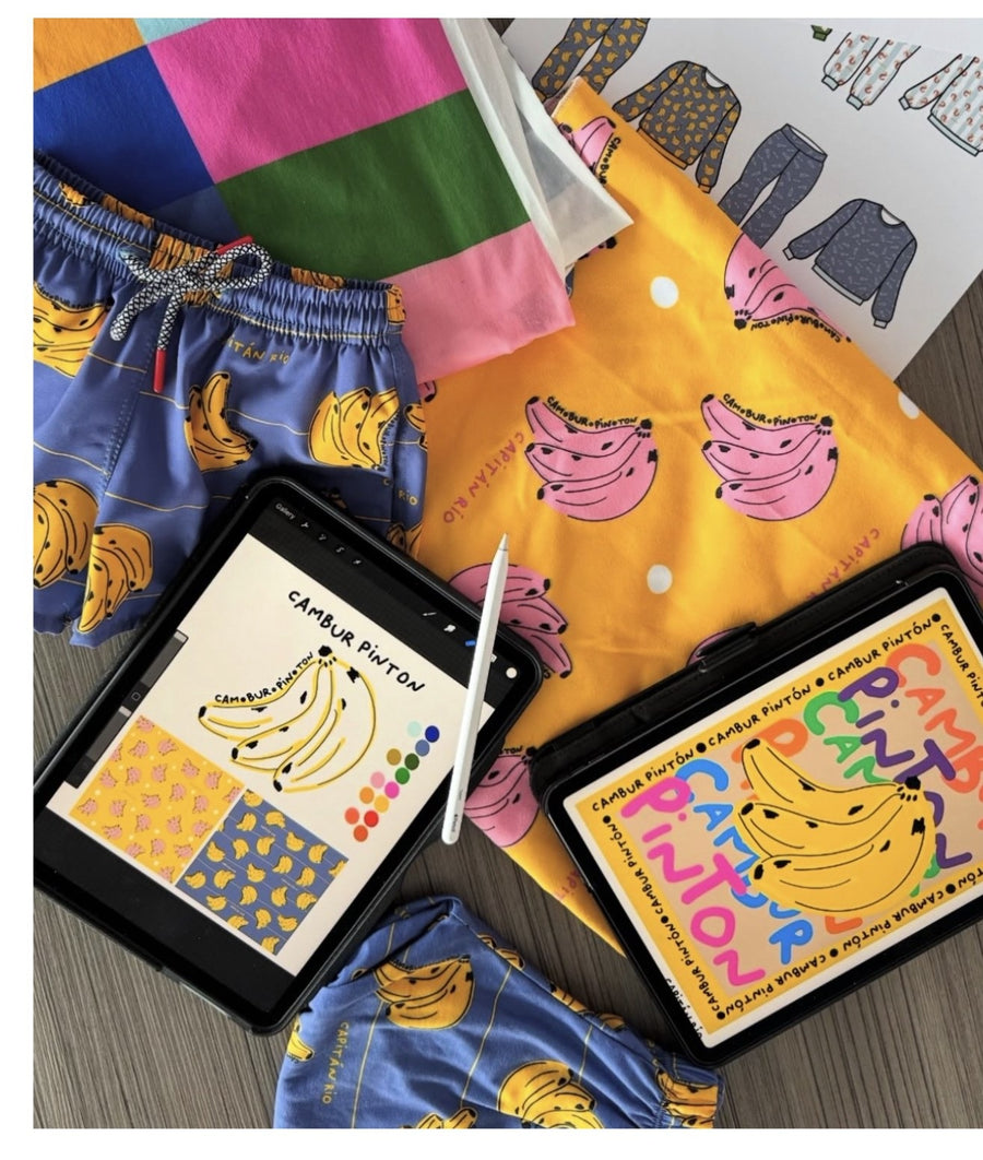 Estampado Cambur Pintón de Tamy, en el iPad y en las prendas